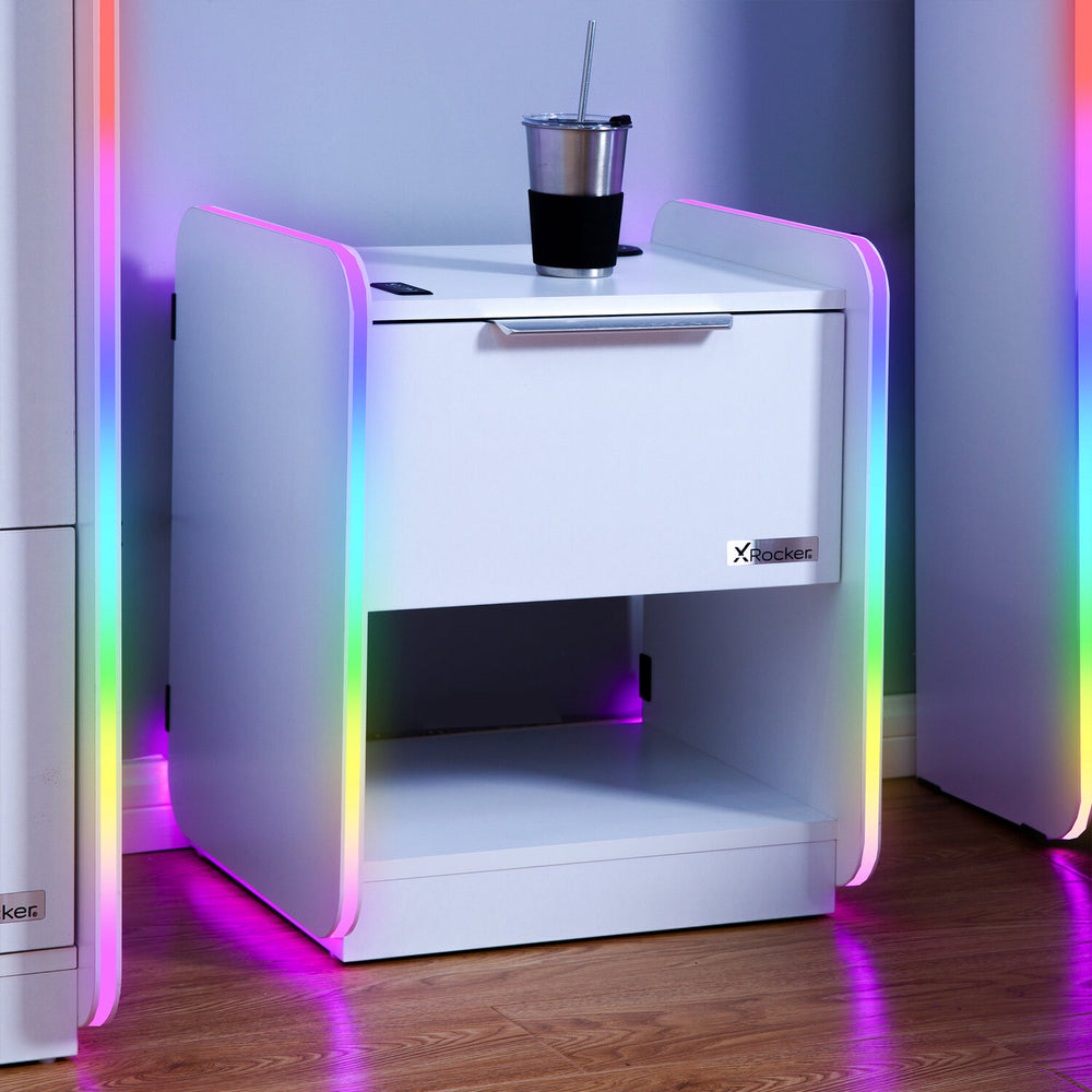 Electra Bedside Table with Wireless Charging and Neo Motion SYNC™ App Controlled LED Lights - White