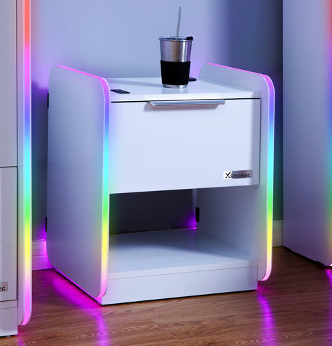 Electra LED Bedside Side Table with Wireless Charging - White RGB