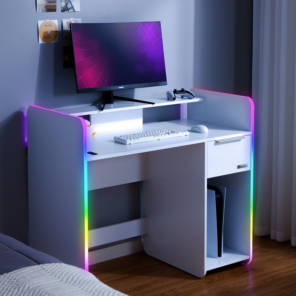 Electra 110cm RGB Gaming Desk with Wireless Charging - White