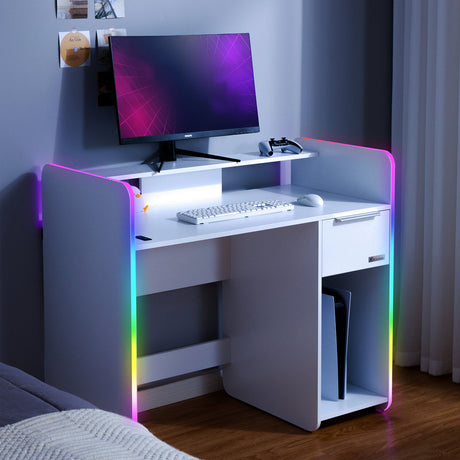 Electra Gaming Desk with Wireless Charging and Neo Motion SYNC™ App Controlled LED Lights - White