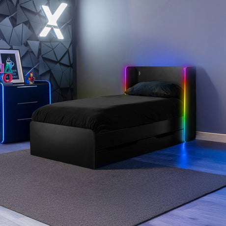 Black bed with RGB lighting and trundle drawers in a modern bedroom setting