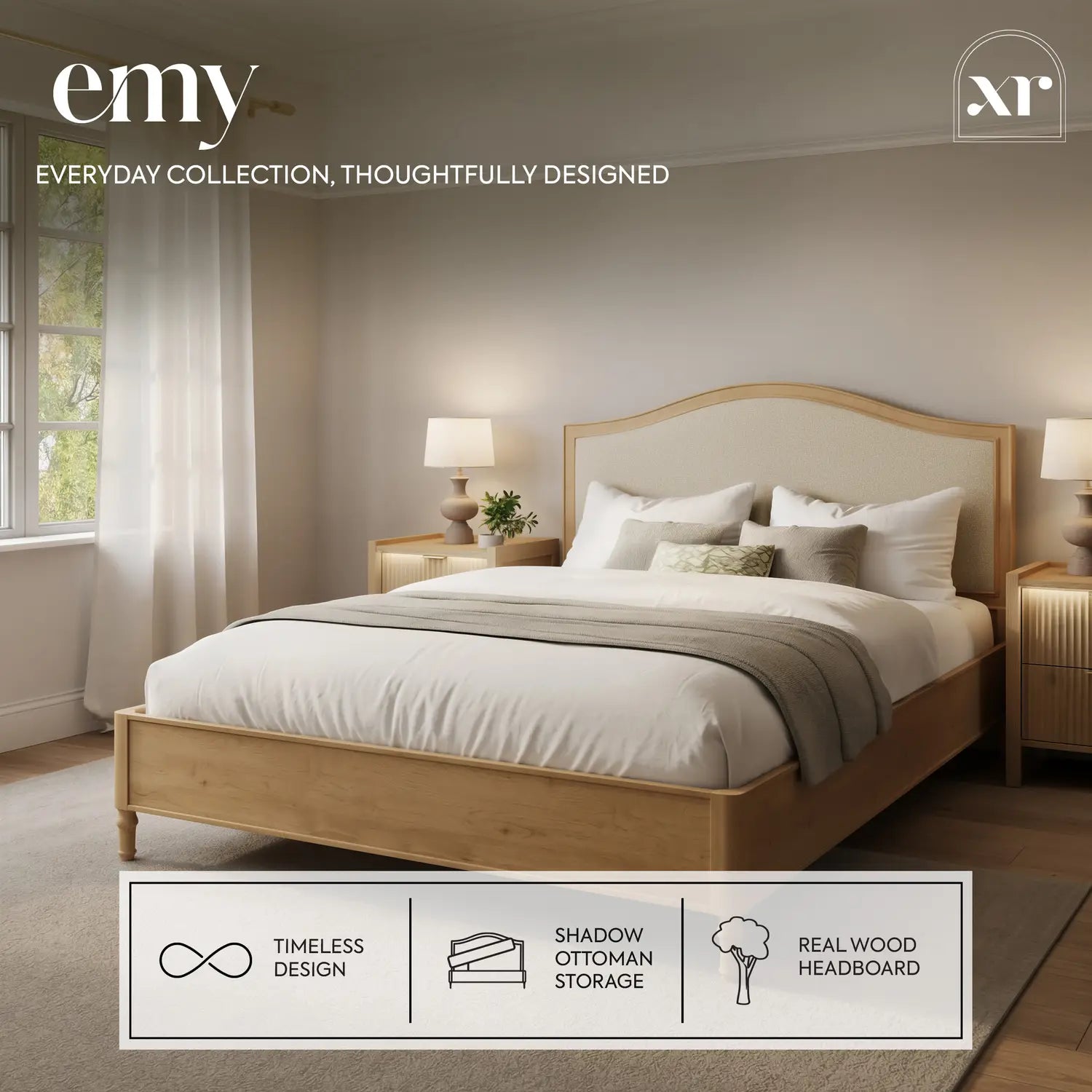 Emy French Style Shadow Ottoman Wooden Bed Frame - Oak / Natural (2 Sizes)