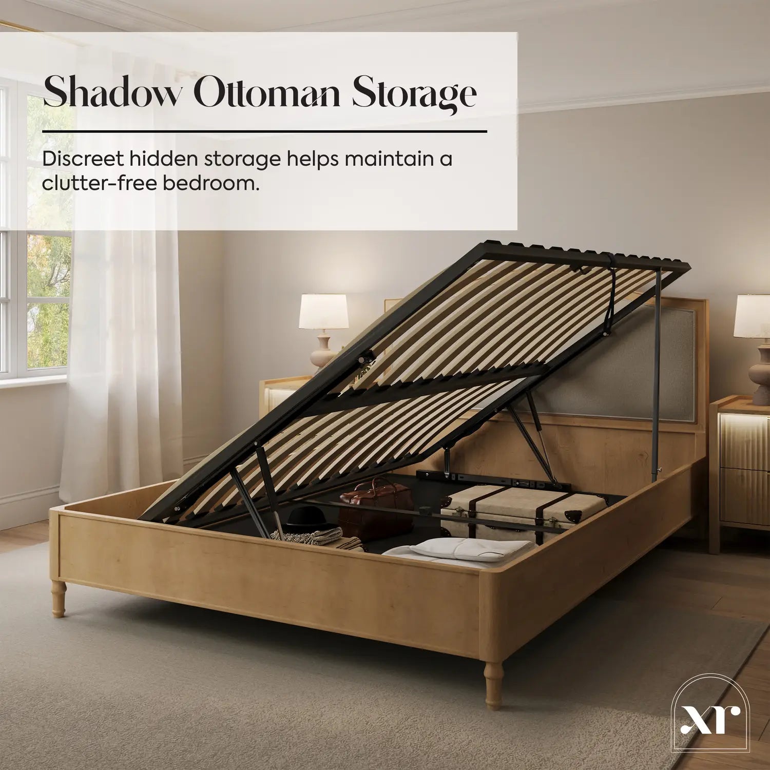 Emy French Style Shadow Ottoman Wooden Bed Frame - Oak / Natural (2 Sizes)