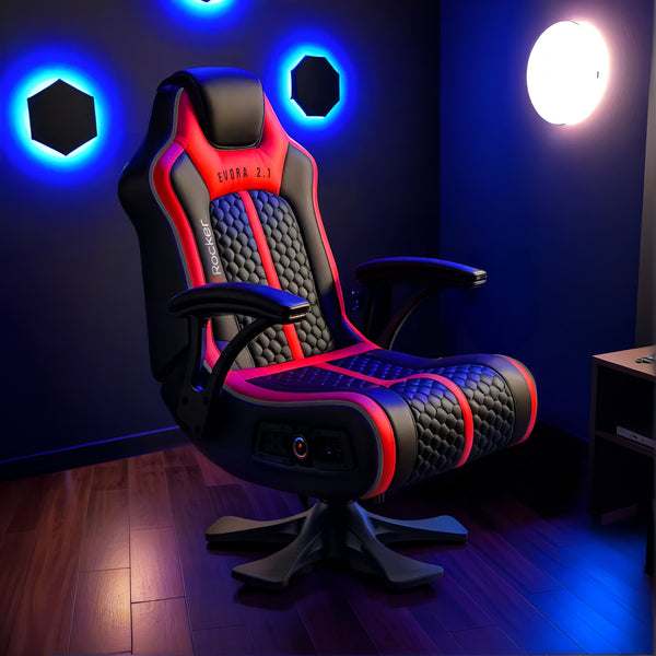 Gaming chair with red and black design in a room with blue lights
