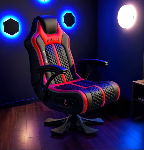 Gaming chair with red and black design in a room with blue lights