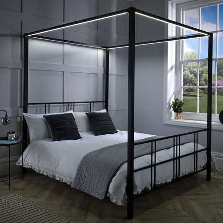 Fern Four Poster Bed with LED Lighting - Black (2 Sizes)