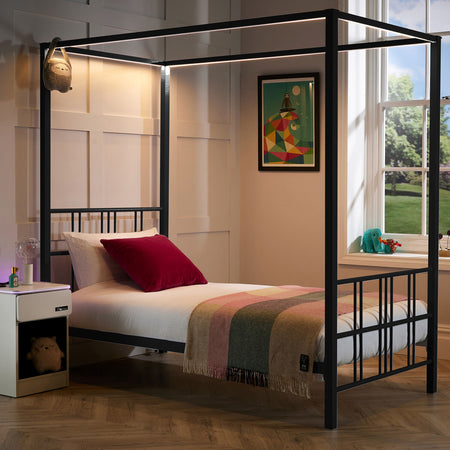 Fern Four Poster Bed with LED Lighting - Black (2 Sizes)