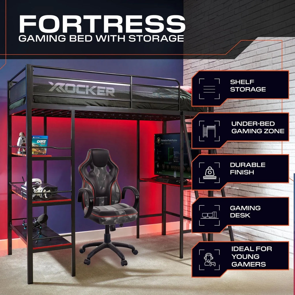 X rocker Fortress gaming bed with storage and chair in a room setup.