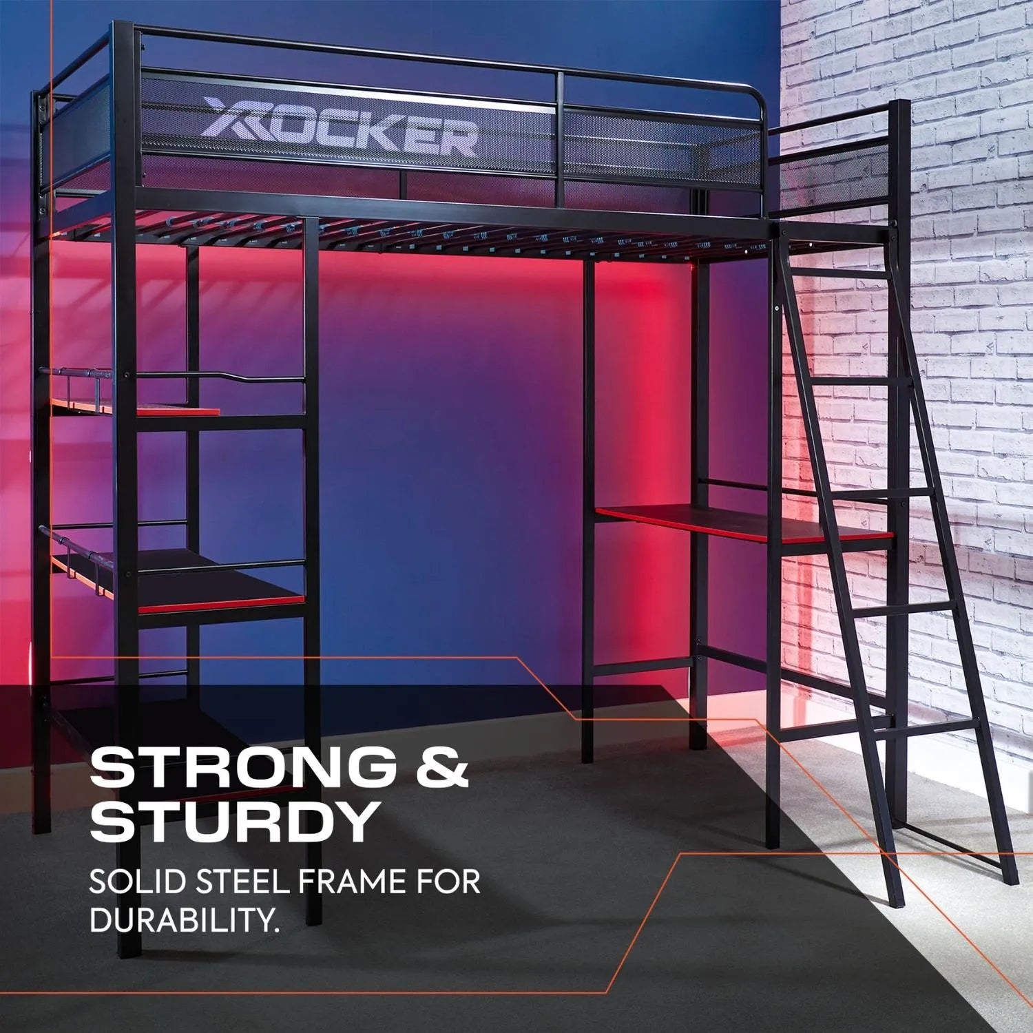 Black metal loft bed with X rocker branding against a colorful wall.