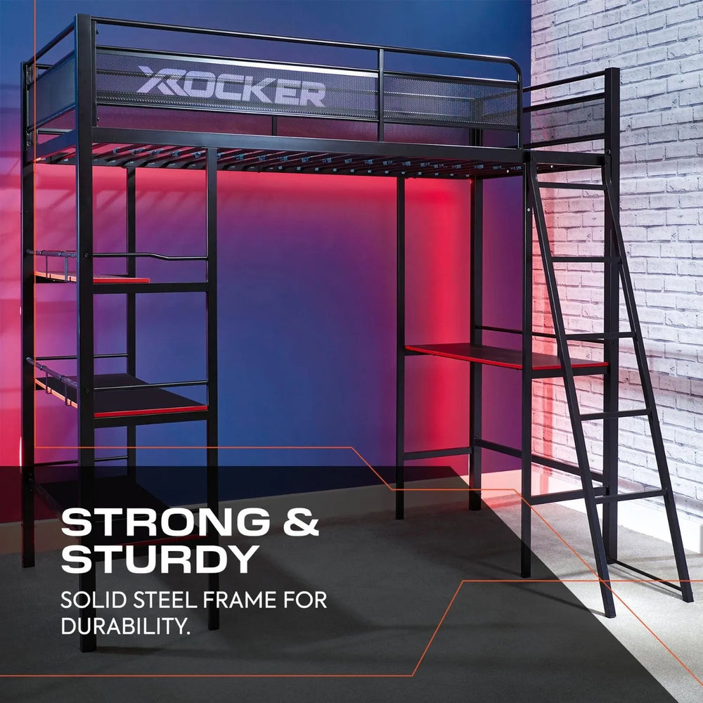 Fortress High Sleeper Gaming Bunk Bed with Shelves - Black