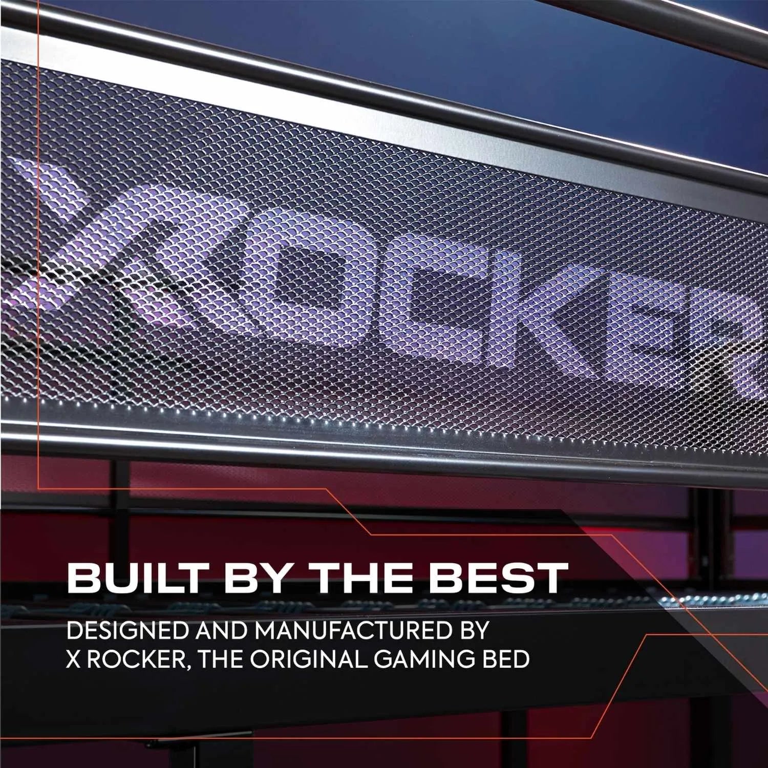 Gaming bed with X Rocker branding and text about being 'Built by the Best'.