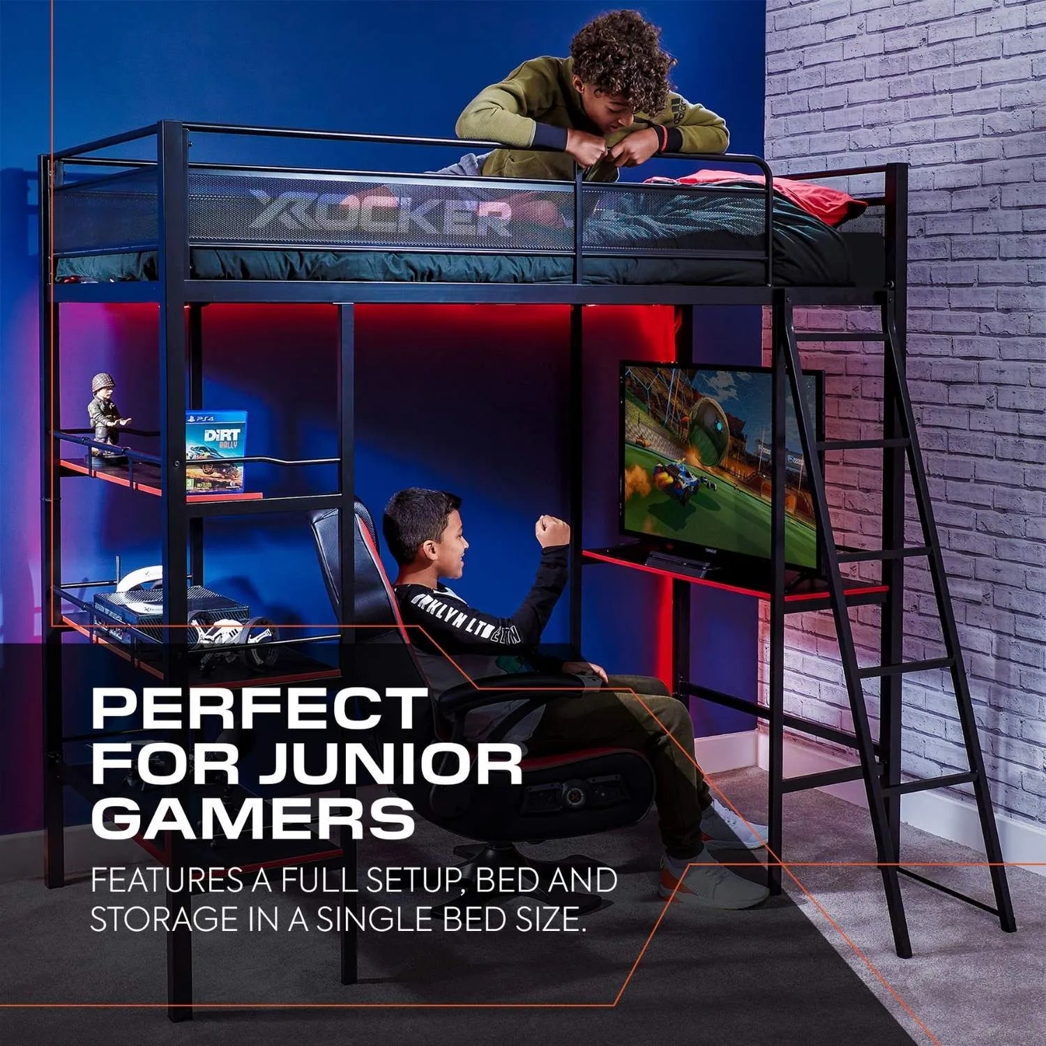 Children's gaming room with a loft bed, desk, and gaming setup.