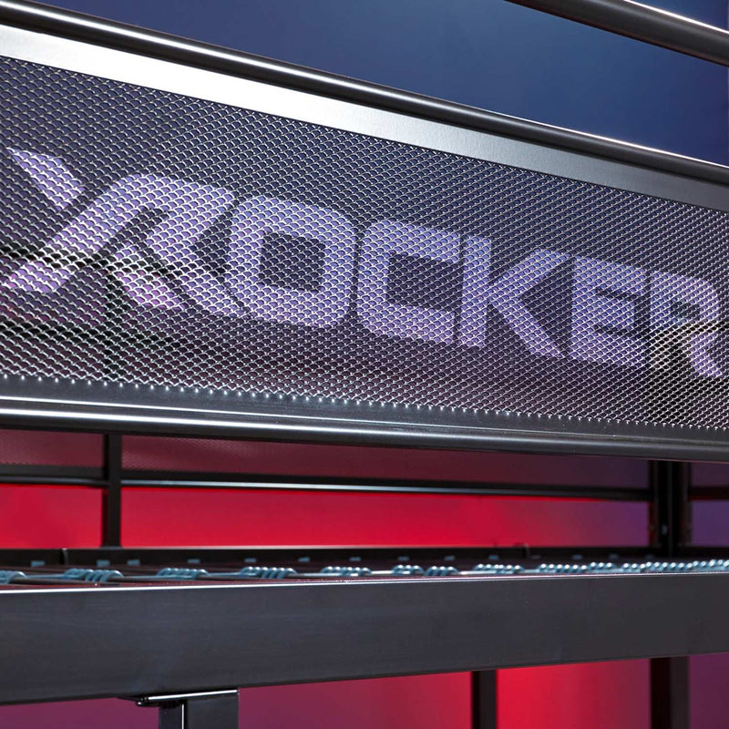 Close-up of a X rocker high sleeper bed with branding on a black frame.