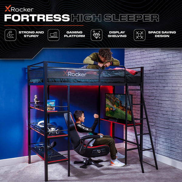 Fortress High Sleeper Gaming Bunk Bed with Shelves - Black