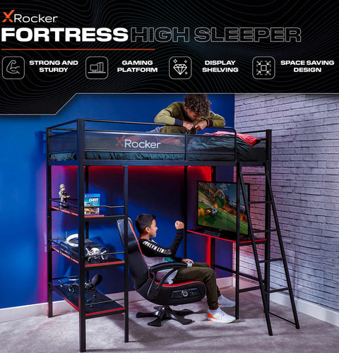 Fortress High Sleeper Gaming Bunk Bed with Shelves - Black