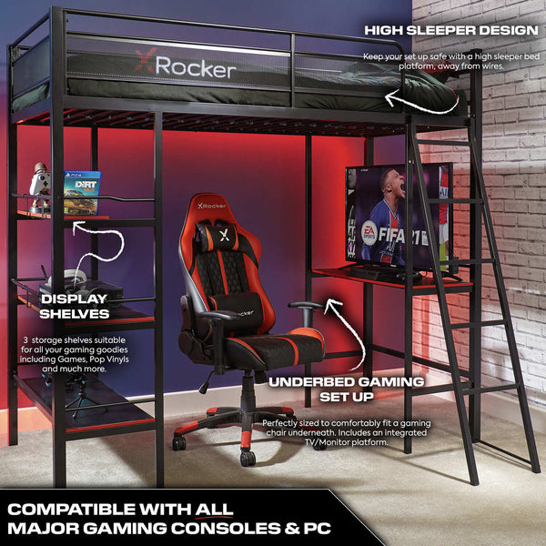 Fortress High Sleeper Gaming Bunk Bed with Shelves - Black