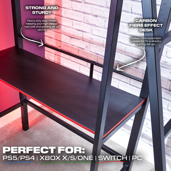 Fortress High Sleeper Gaming Bunk Bed with Shelves - Black