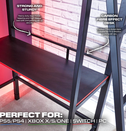 Fortress High Sleeper Gaming Bunk Bed with Shelves - Black