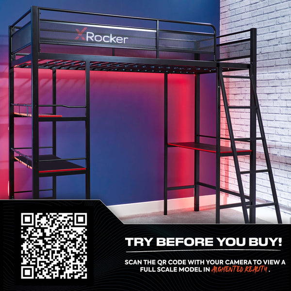 Fortress High Sleeper Gaming Bunk Bed with Shelves - Black