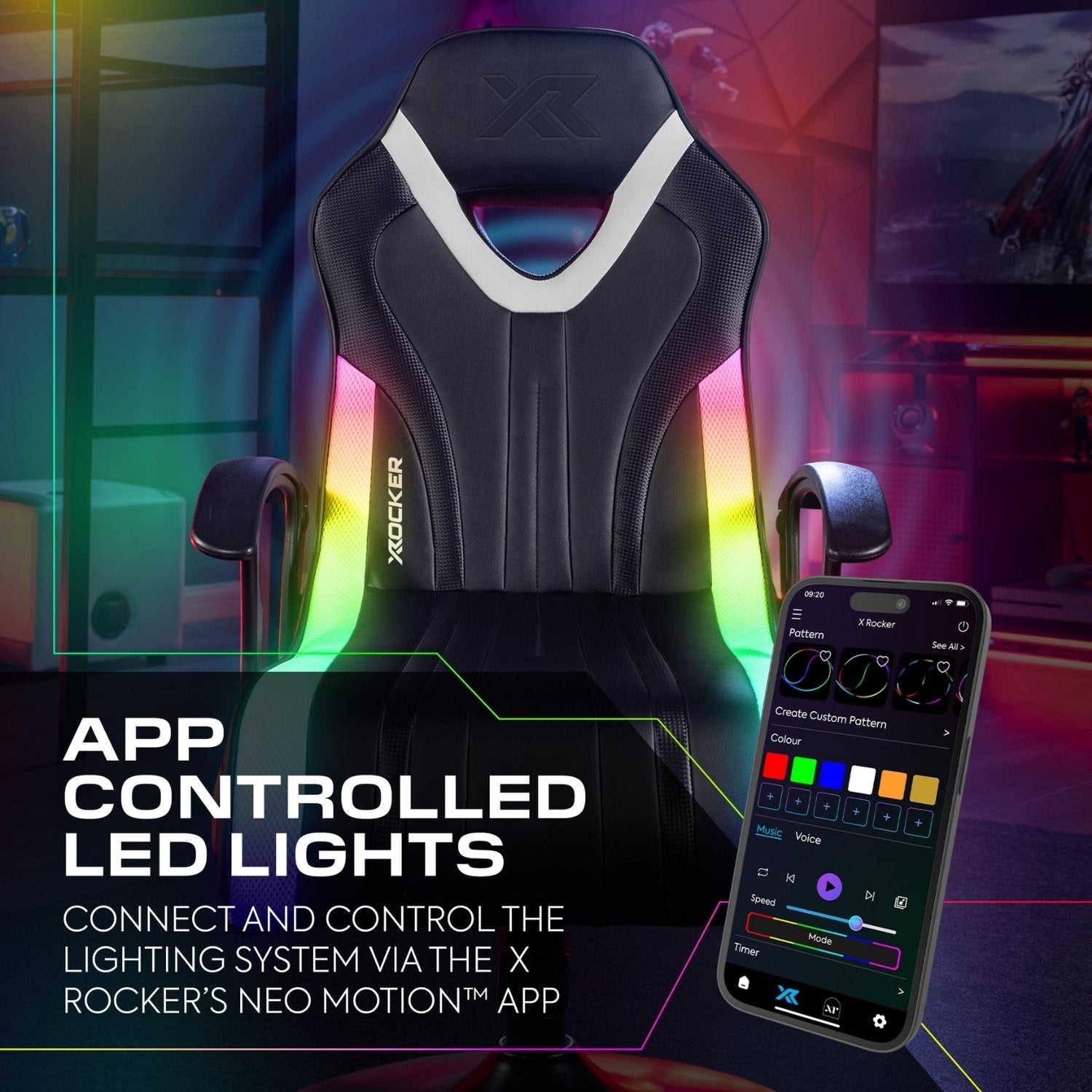 Gaming chair with RGB lighting and smartphone app control in a gaming setup.