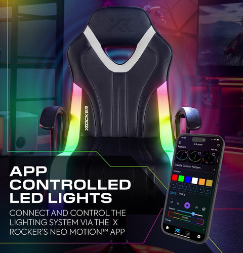 Gaming chair with RGB lighting and smartphone app control in a gaming setup.