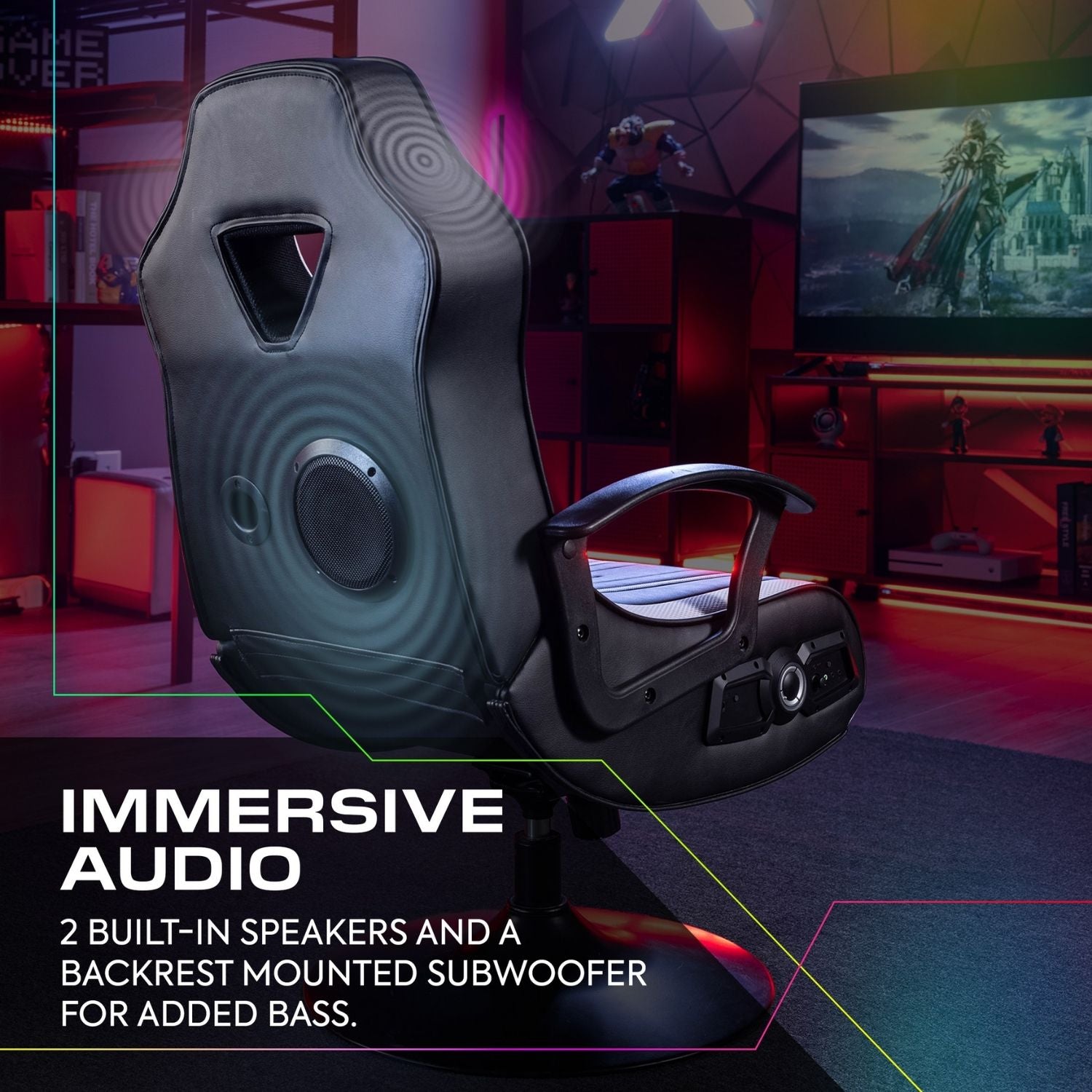 Gaming chair with immersive audio features in a room setup with a TV and gaming accessories.