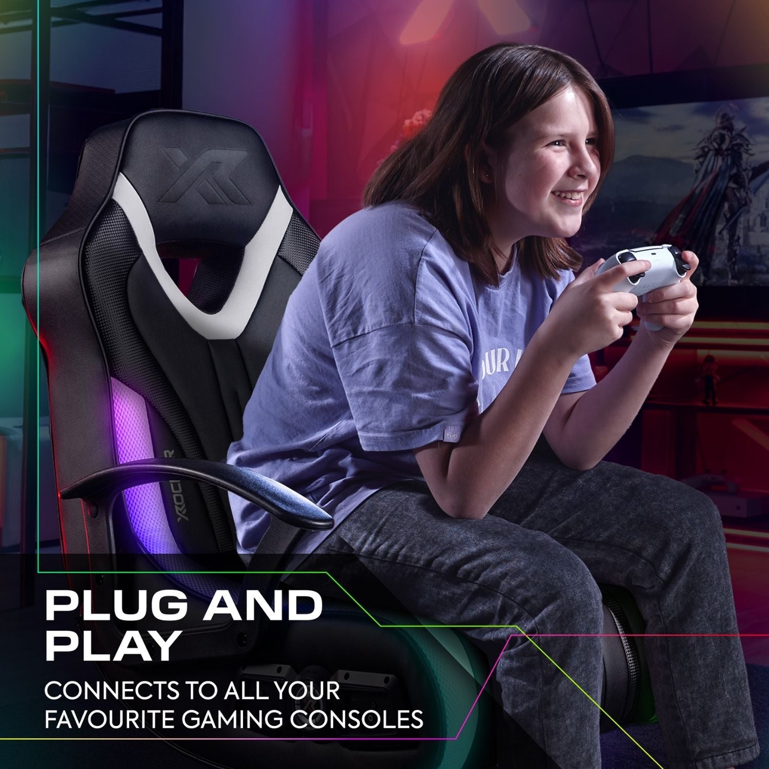 teen playing video games on a gaming chair with text 'Plug and Play' and console compatibility.