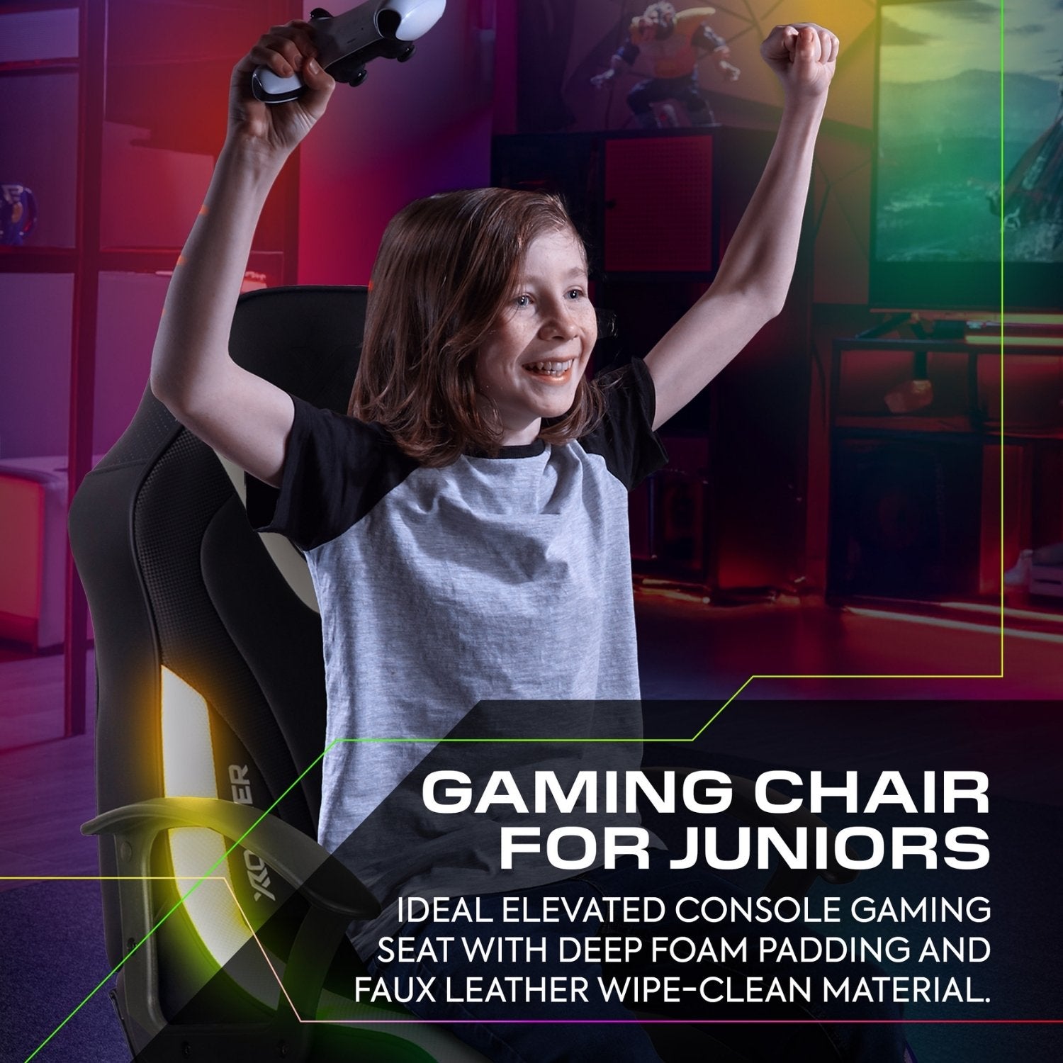 Child in a gaming chair with arms raised in a room with colorful lighting, promoting a gaming chair for juniors.