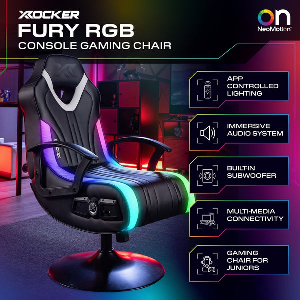 Gaming chair with RGB lighting and features listed on a dark background