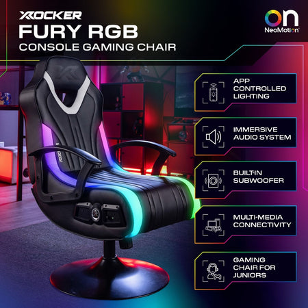 Gaming chair with RGB lighting and features listed on a dark background