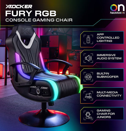 Gaming chair with RGB lighting and features listed on a dark background