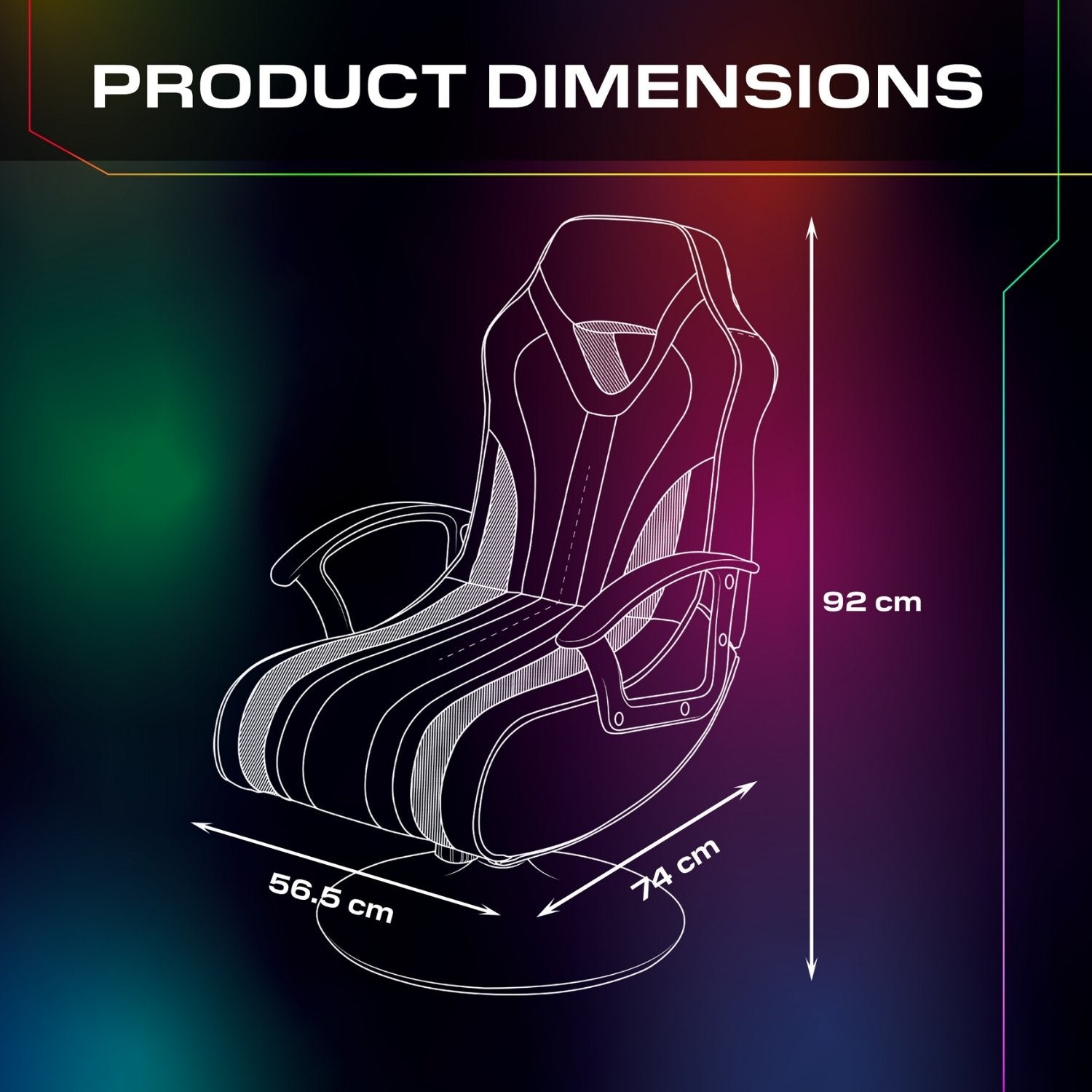 Gaming chair dimensions displayed on a colorful gradient background