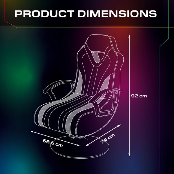 Gaming chair dimensions displayed on a colorful gradient background