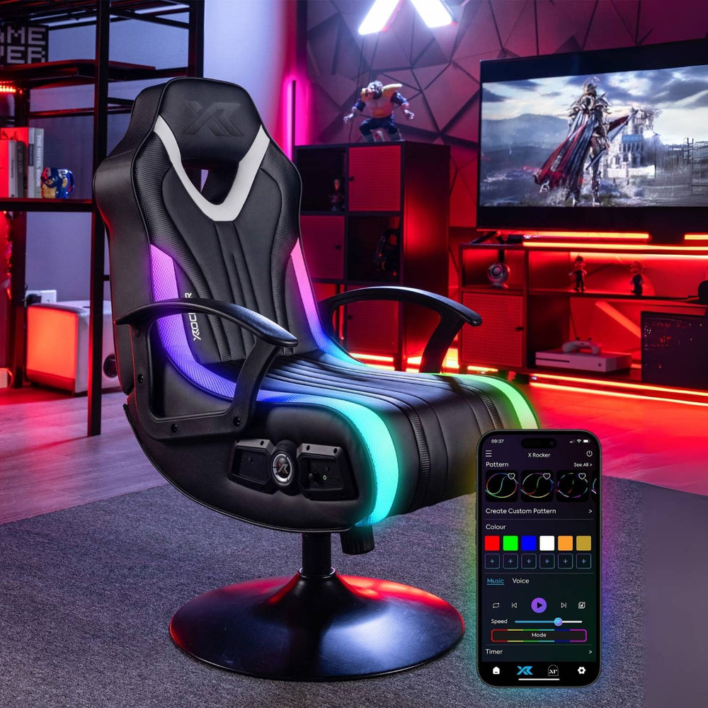 Gaming chair with RGB lighting and smartphone app control in a gaming room setup.