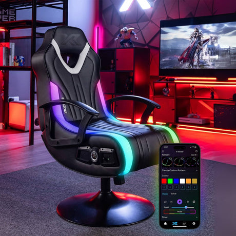 Gaming chair with RGB lighting and smartphone app control in a gaming room setup.