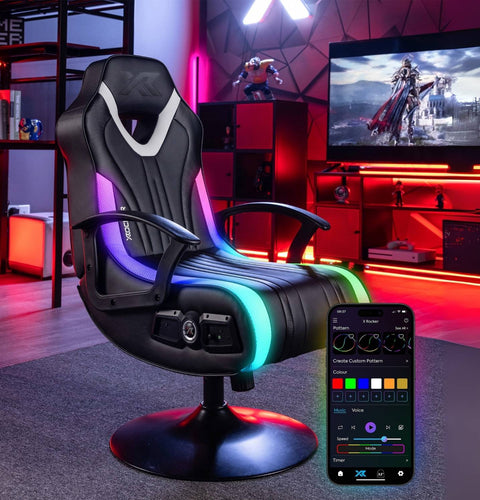 Gaming chair with RGB lighting and smartphone app control in a gaming room setup.