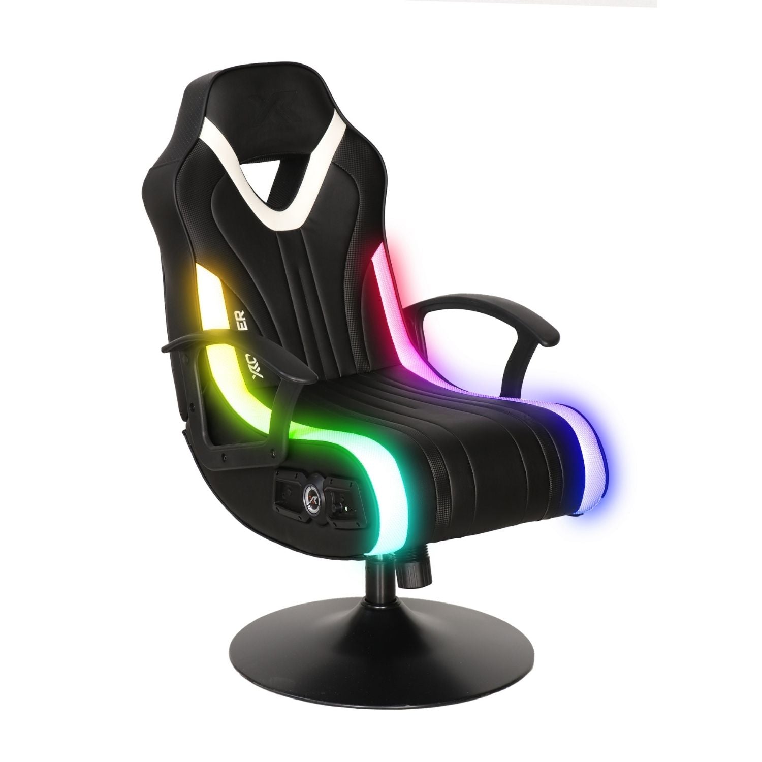 Gaming chair with colorful LED lighting on a white background