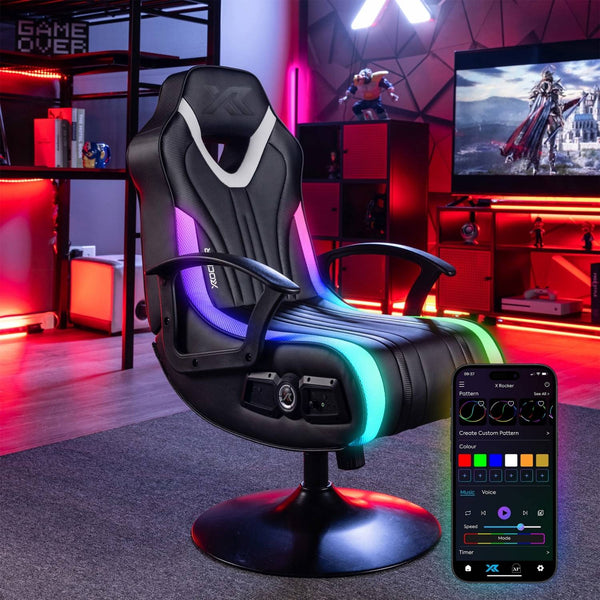 Gaming chair with RGB lighting and smartphone app control in a gaming room setup.
