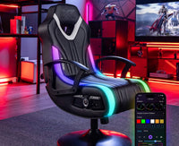Gaming chair with RGB lighting and smartphone app control in a gaming room setup.