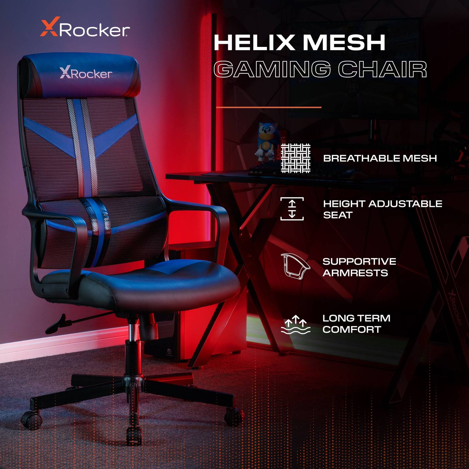 Helix Ergonomic PC Office Mesh Gaming Chair - Black / Blue