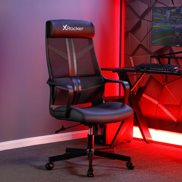 Gaming chair with X rocker logo in a room with red lighting