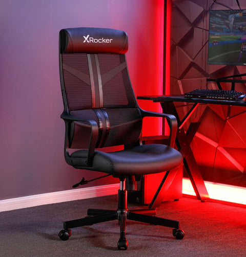 Gaming chair with X rocker logo in a room with red lighting