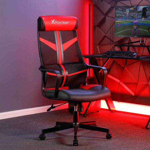 Gaming chair with X rocker branding in a room with red lighting