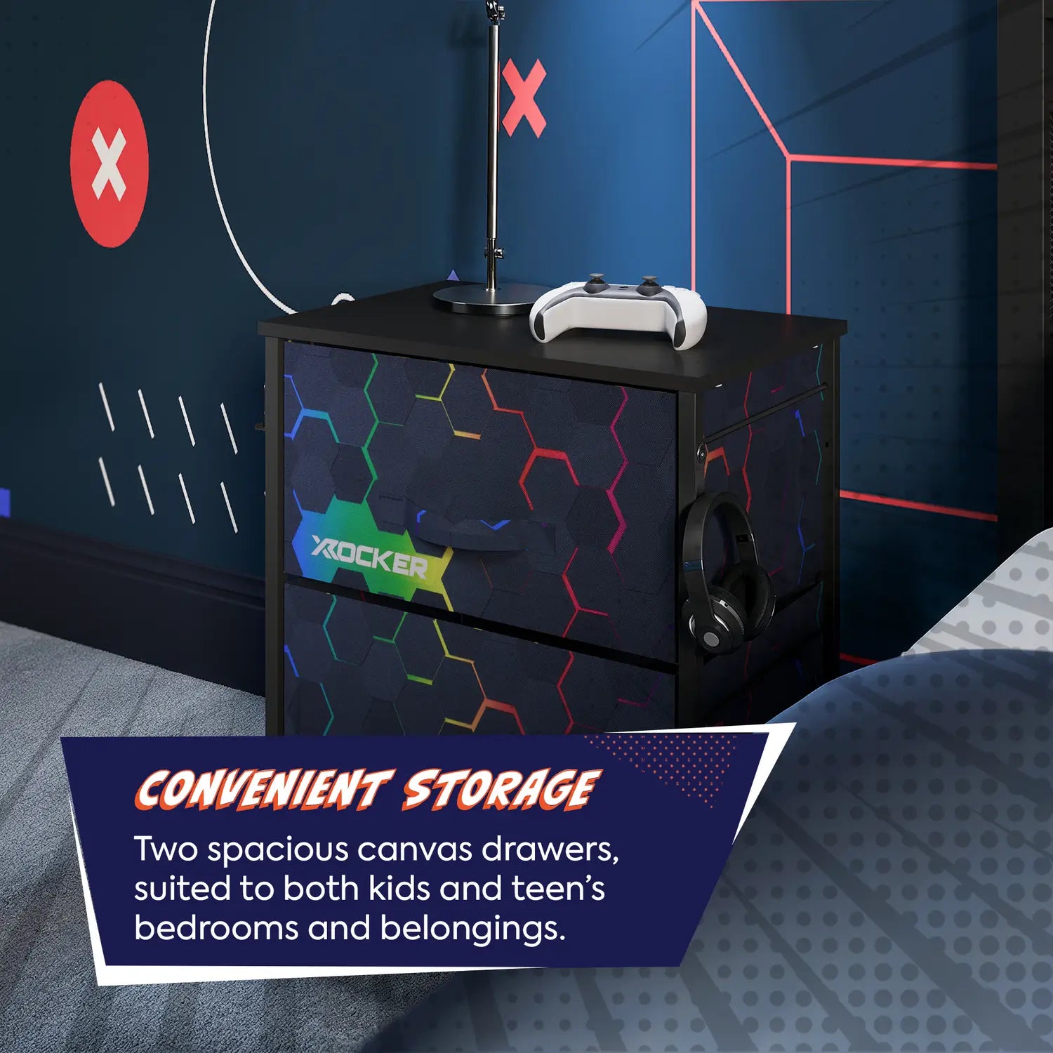 Hex Canvas Bedside Side Table with 2 Drawers - Black