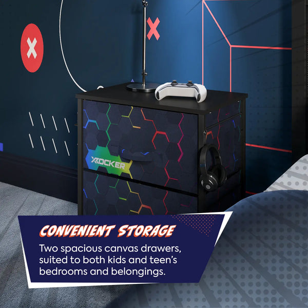 Hex Canvas Bedside Side Table with 2 Drawers - Black