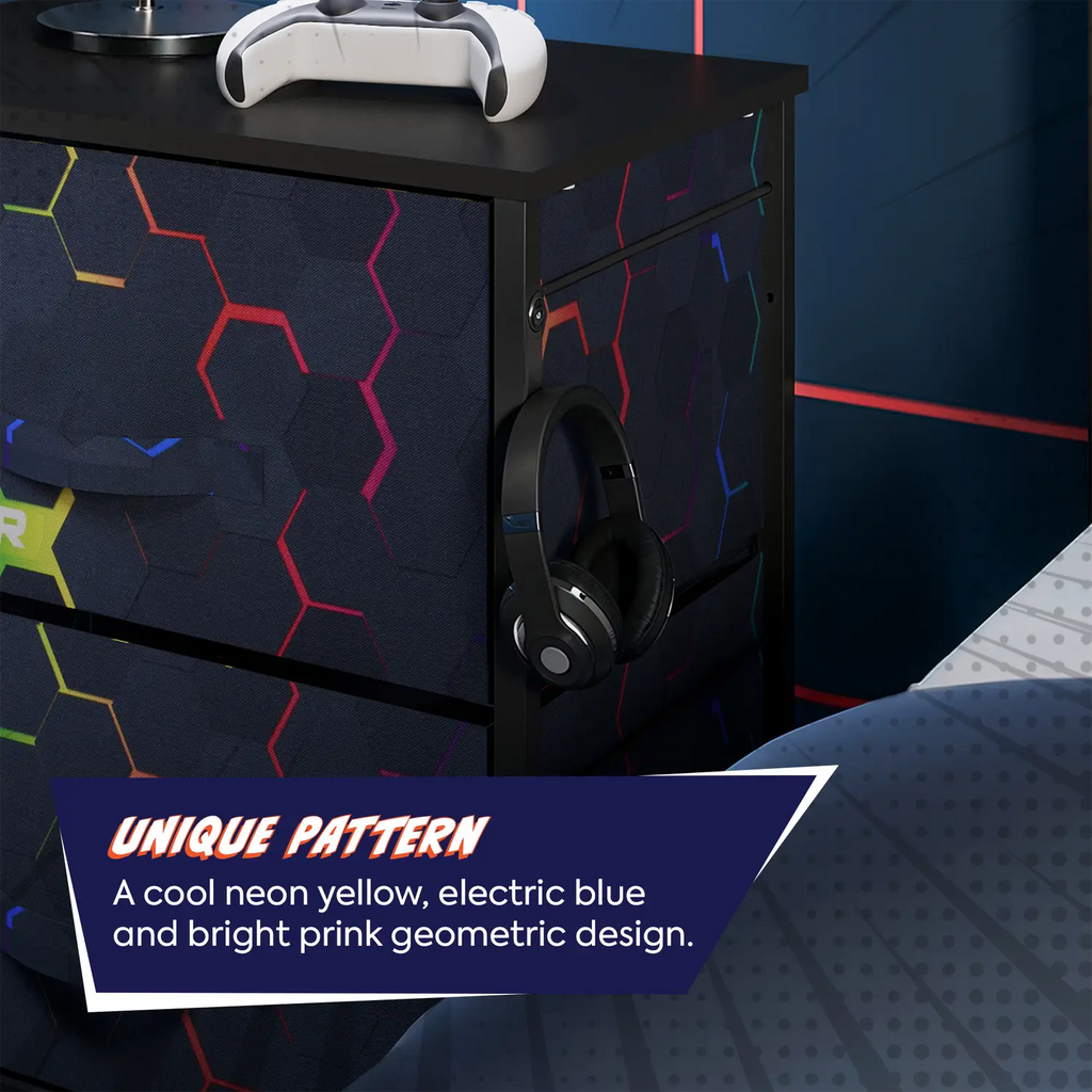 Black tallboy dresser with colorful geometric pattern and gaming accessories on a blue background