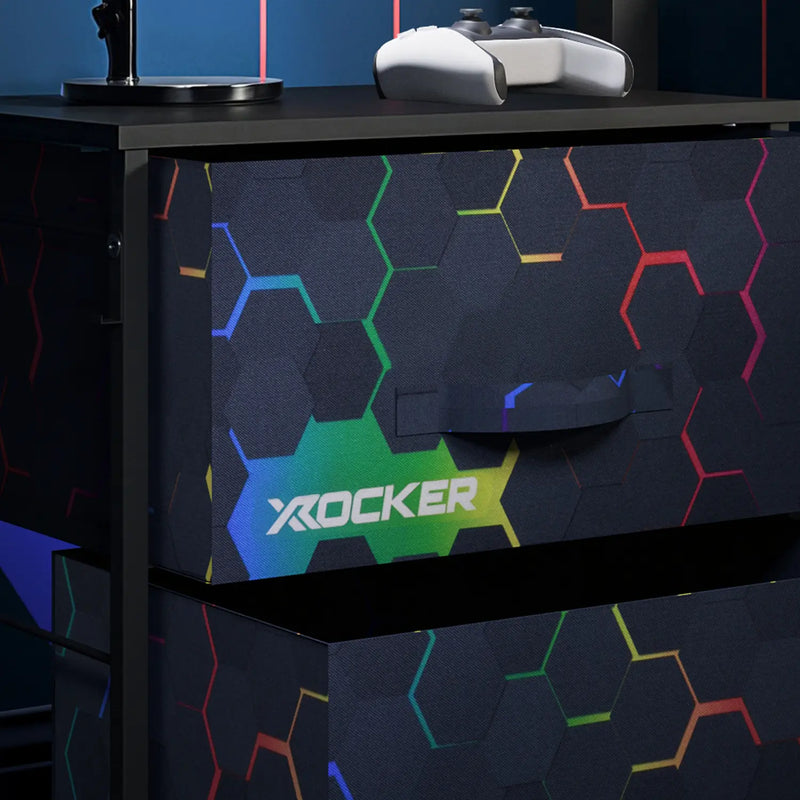 Hex Canvas Tallboy Dresser with X rocker logo and colorful geometric pattern on a dark surface.