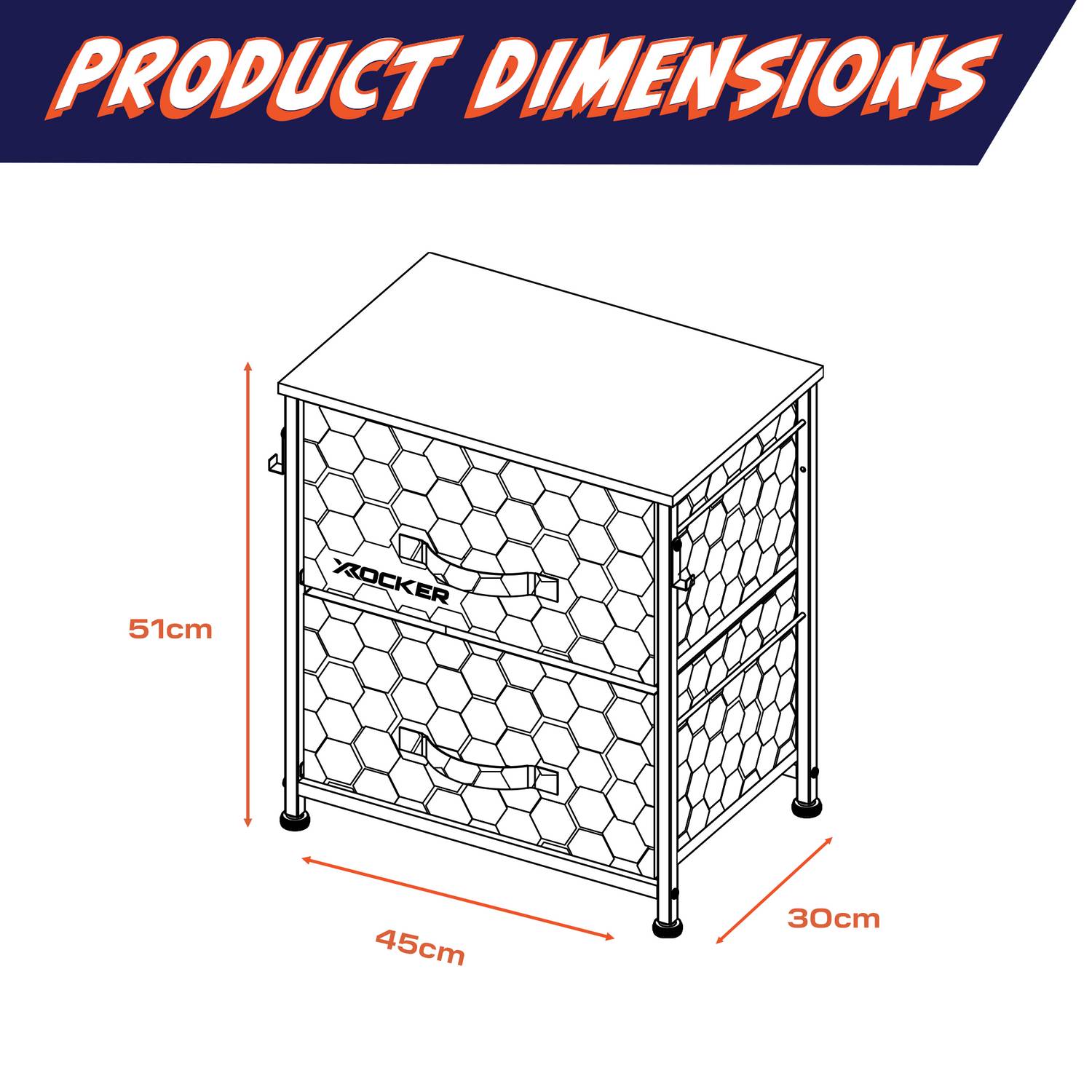 Bedside table with dimensions labeled on a white background