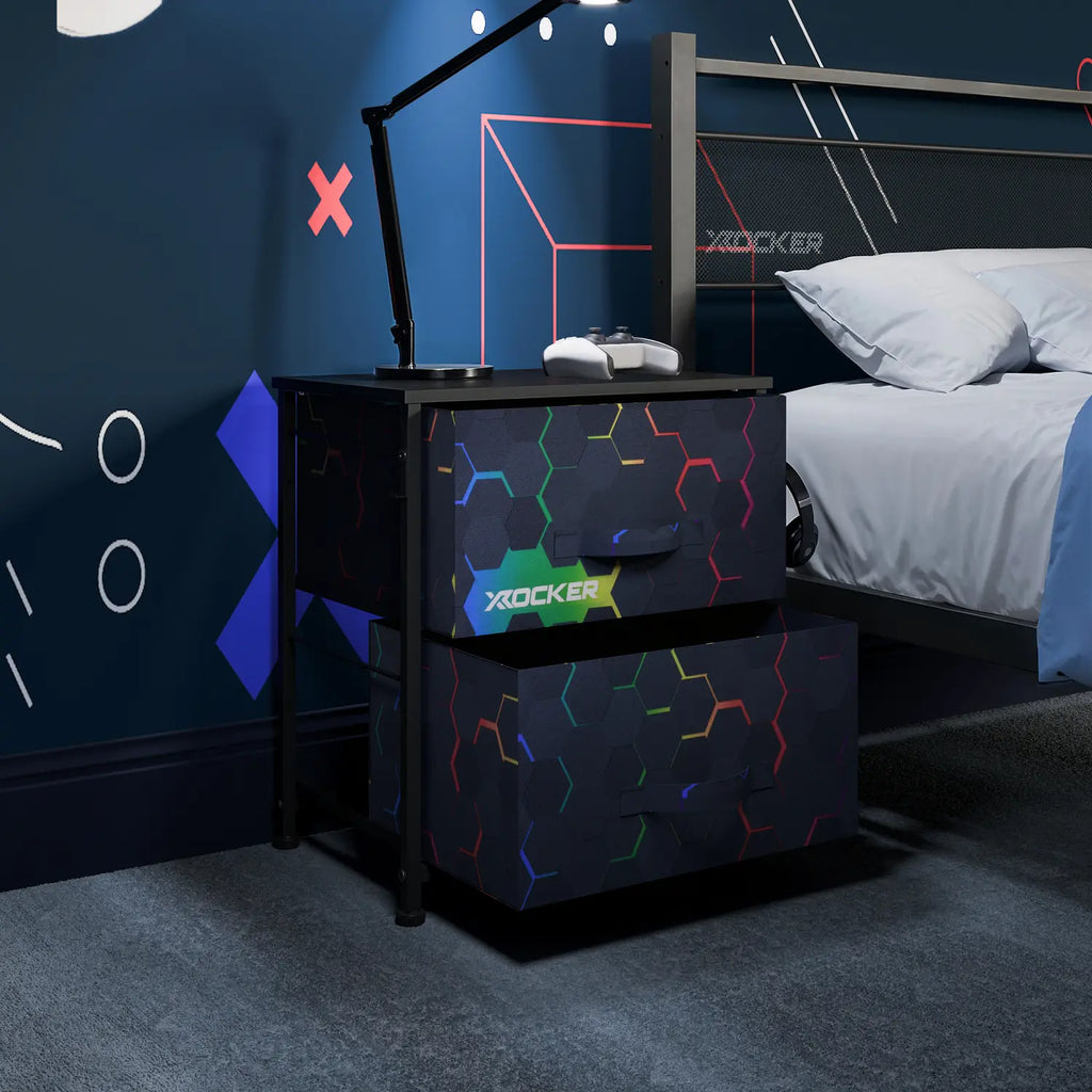 Bedroom with canvas bedside and bed, featuring X rocker branding.