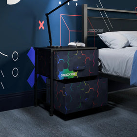 Bedroom with canvas bedside and bed, featuring X rocker branding.